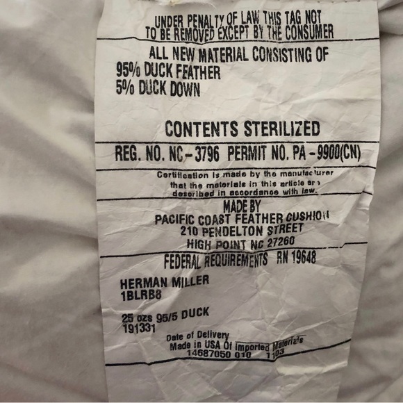 Geiger/Herman Miller Pillow Wool and Linen Duck Feather Down DWR - Picture 4 of 8